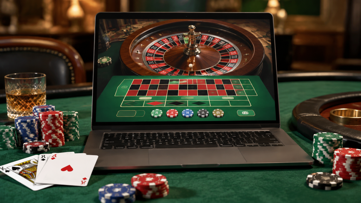 An informed player’s guide to online casino Singapore Laptop displaying an online casino roulette game beside playing cards and casino chips on green felt