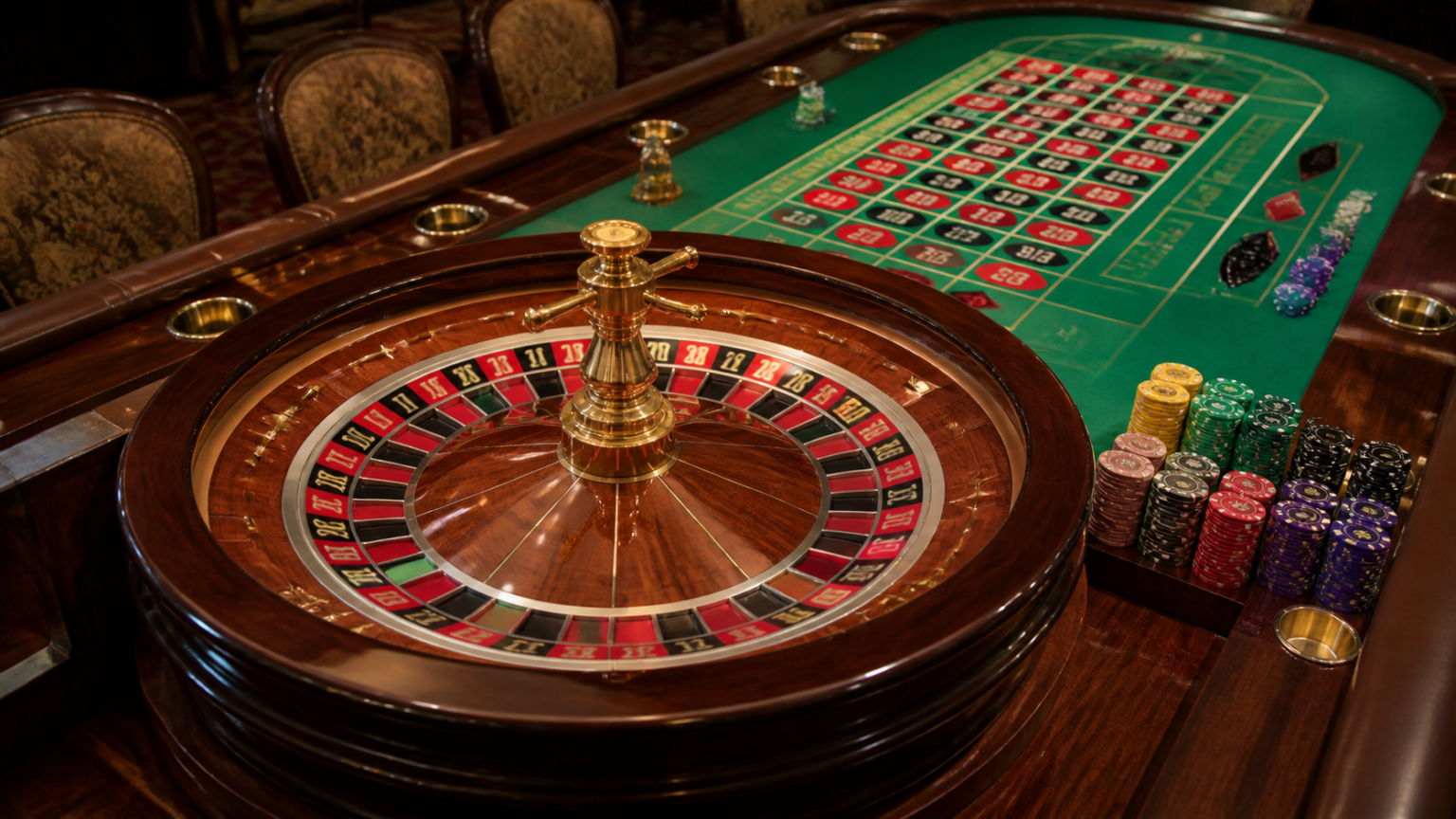 Bàn roulette trong sòng bạc với vòng quay, mặt bàn cược và các chip cá cược
