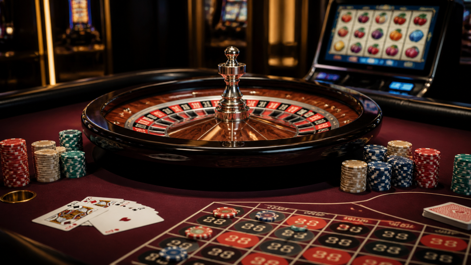 Casino roulette table with cards and chips for online casino gaming