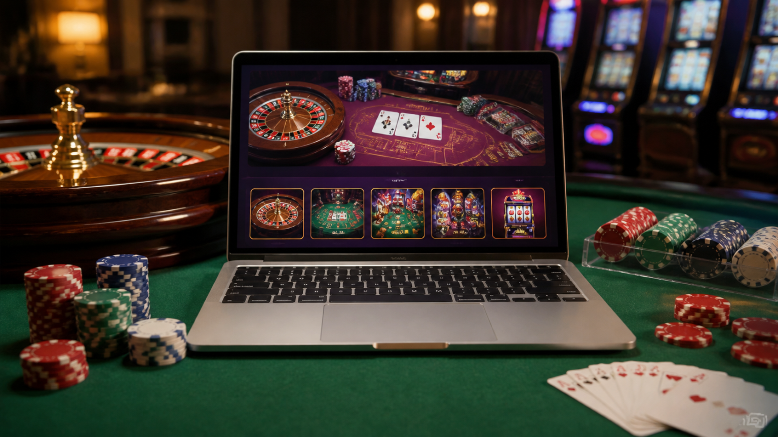 Top Online Casinos: How to Compare Sites Before You Play Online casino interface on a laptop with casino chips and cards